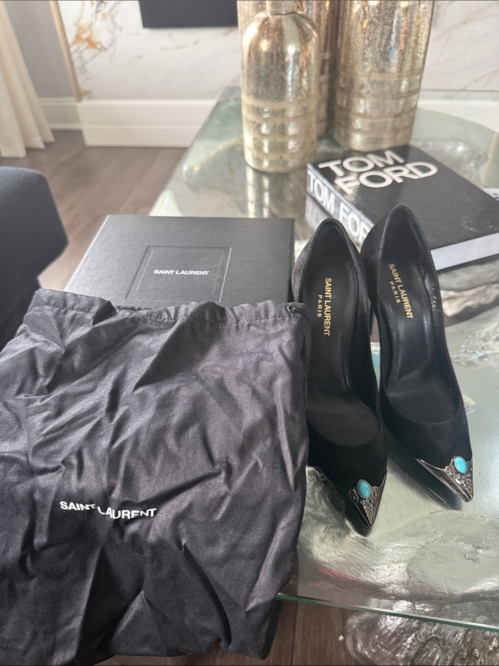 Saint Laurent Black Cashmere Pointed Toe Pump with Turquoise Accent Stone - Picture 10 of 12